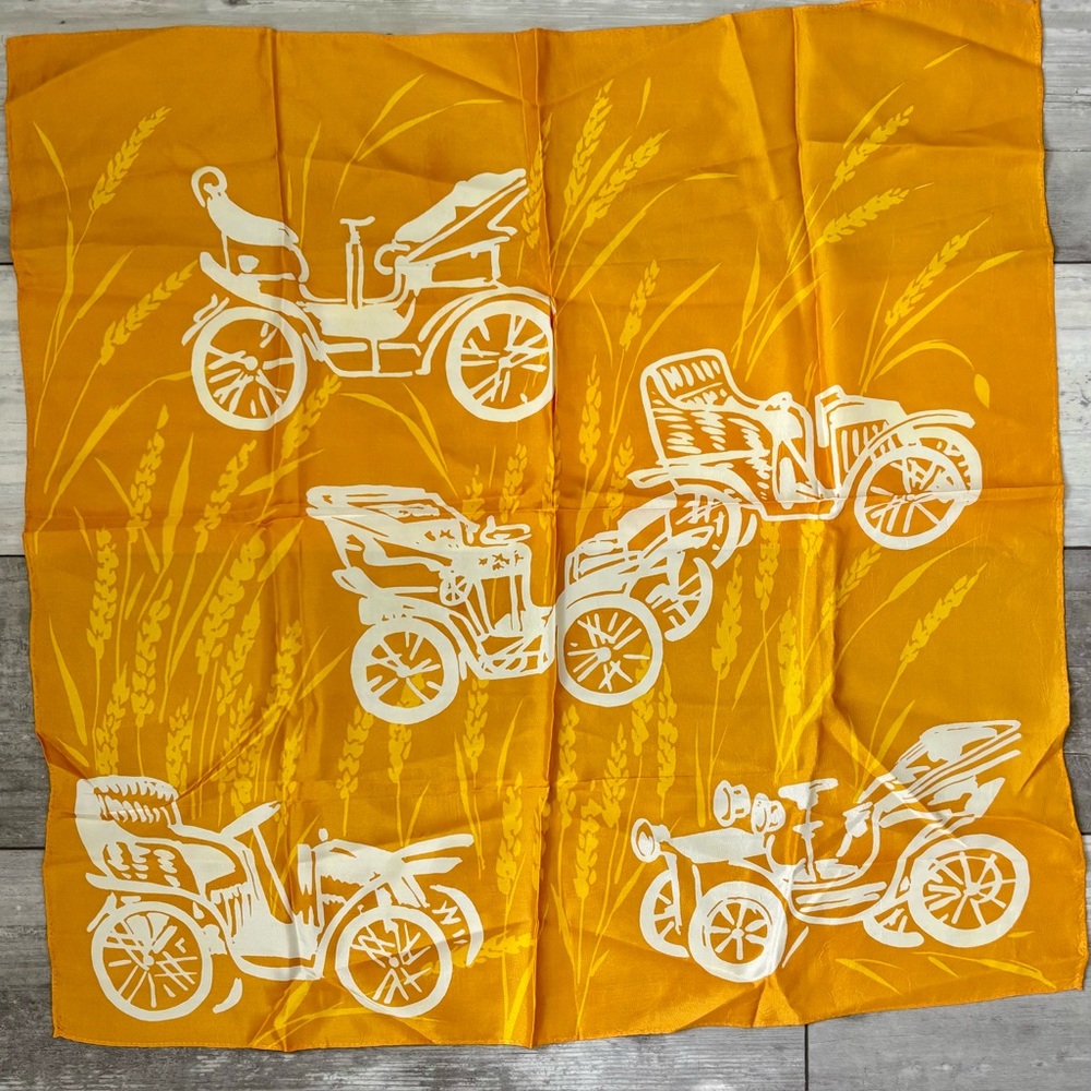 Vintage Japanese Carriage Print Scarf - Bright Orange, Yellow and White 25x25.5